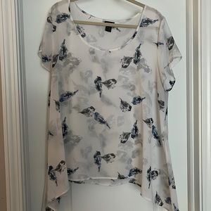 1X sheer white top with birds